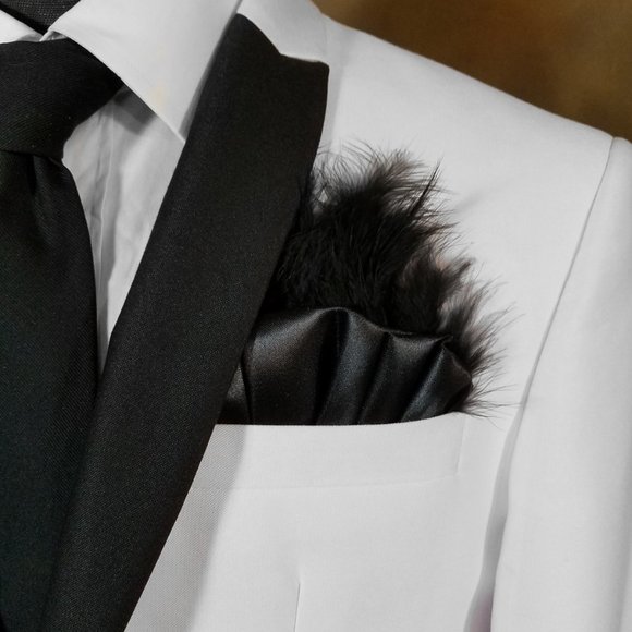 New - Black Satin Ruffle & Feather Pocket Square Insert - Picture 1 of 10